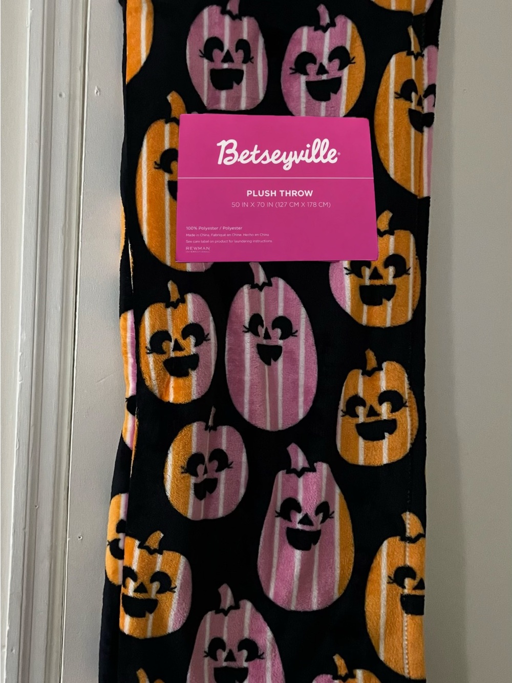 Betsey Johnson Black Plush Throw with Pink and Orange Striped Pumpkins